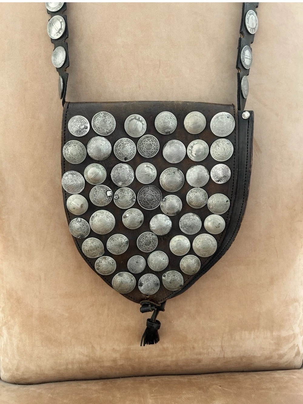 Vintage Moroccan Style Brown Leather Coin Adorned Water Sellers Crossbody Bag